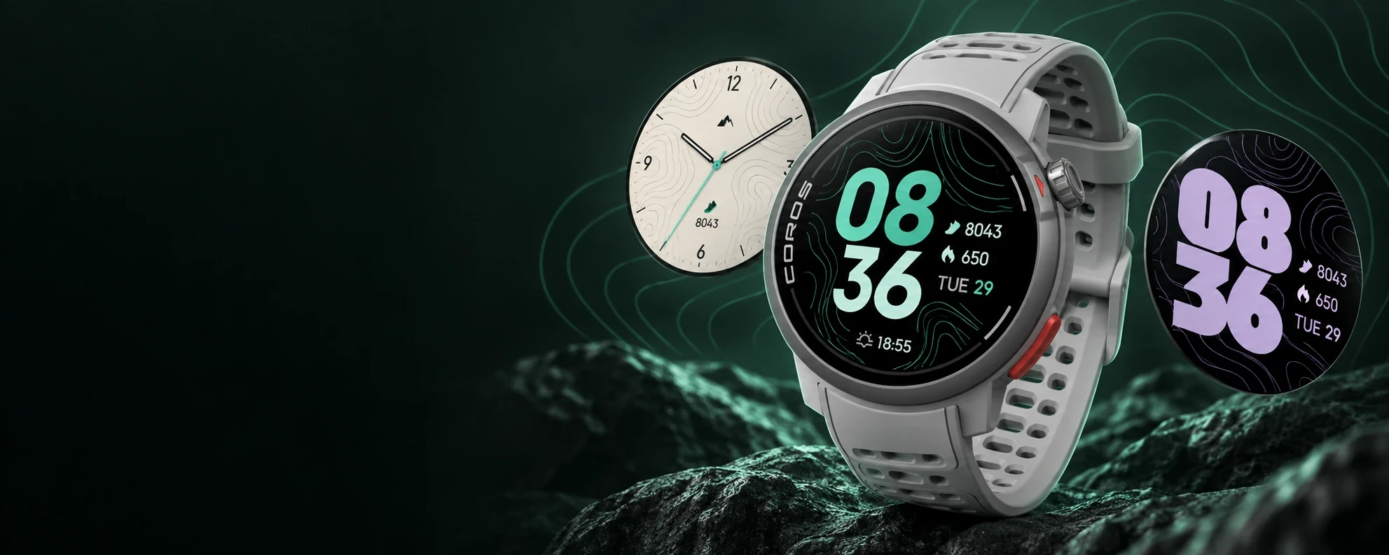 Illustrated COROS watch with a mint topographic face, alongside ivory analog and lilac digital face designs