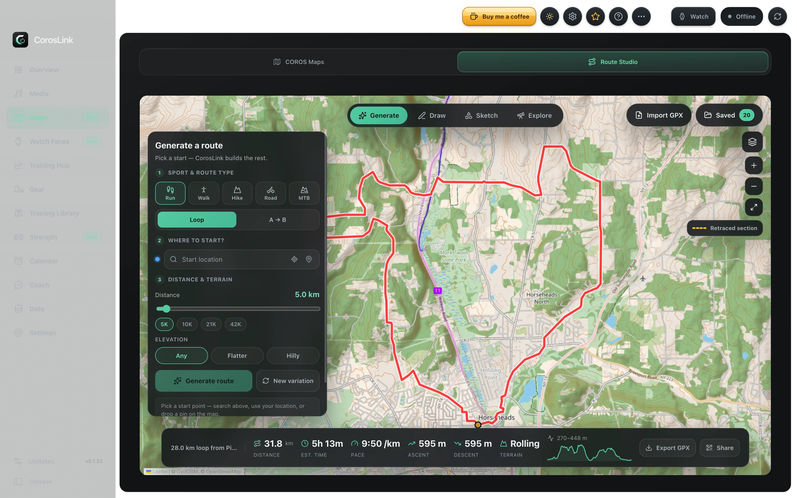 CorosLink route builder with an interactive map, drawn route and elevation profile