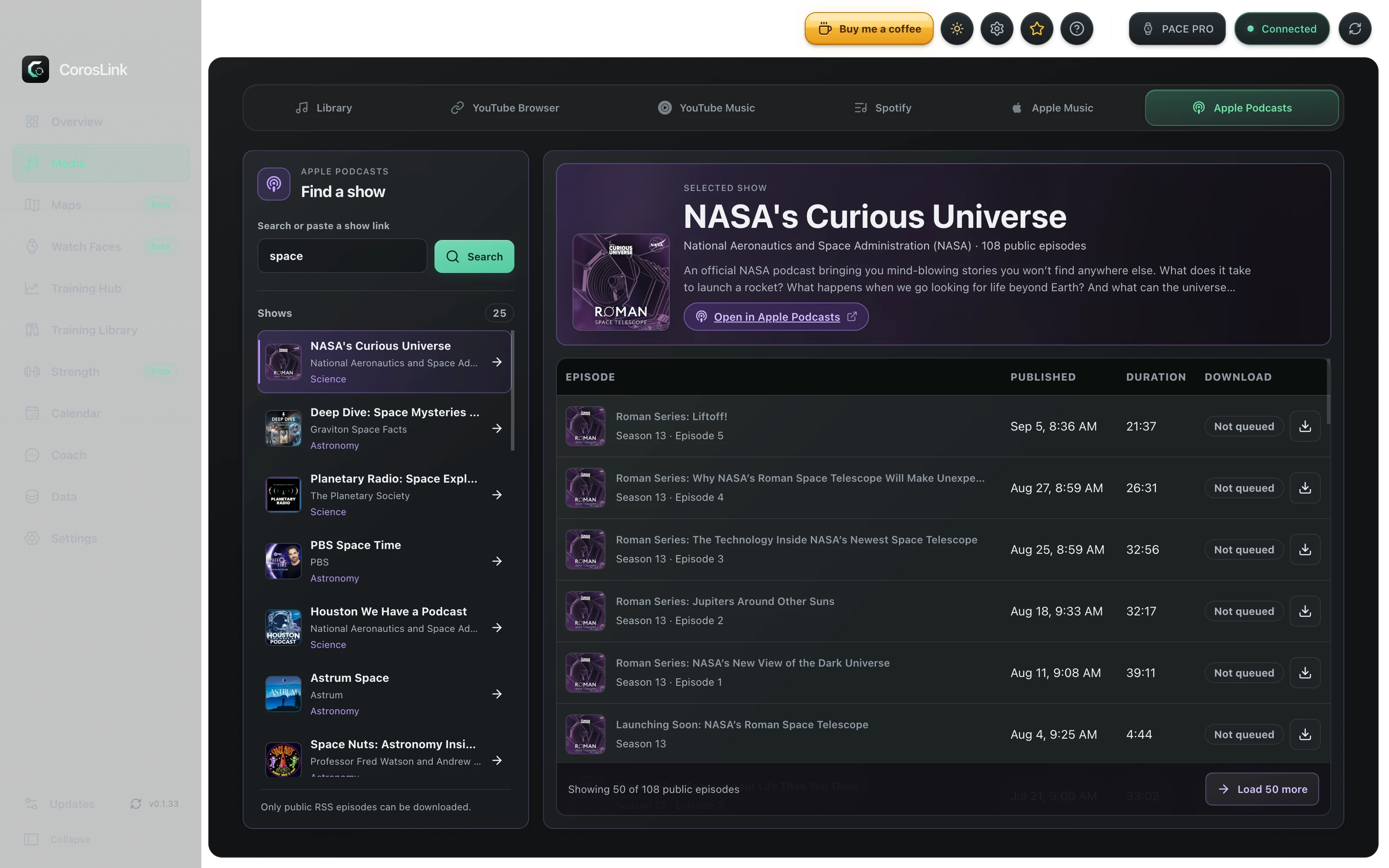 CorosLink media screen with Apple Podcasts search results and an episode download list ready to transfer to a COROS watch